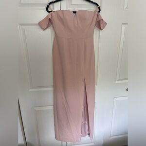 Blush off the shoulder gown with slit